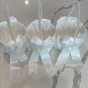 Elegant White Pearl Handle FlowerGirl Baskets